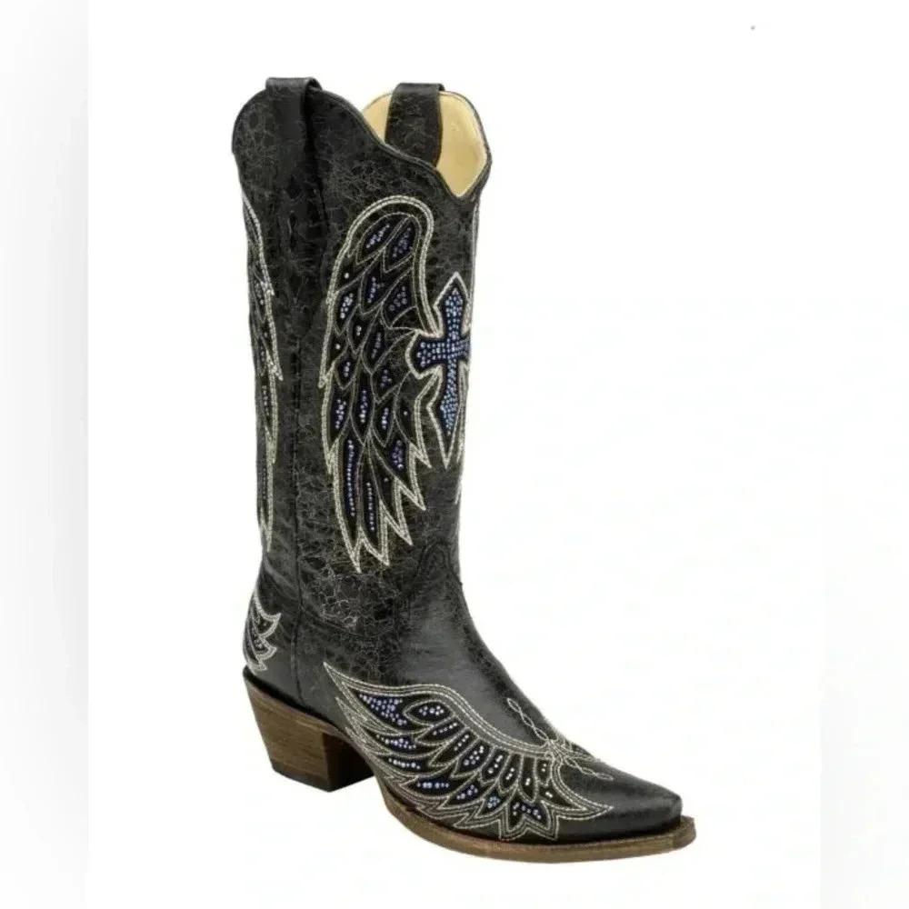 Corral Boots A2651 Black-Bone Wing & Cross Crystals Inlay